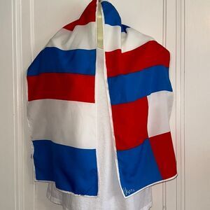 Vintage Vera Neumann red, white & light blue color block polyester scarf